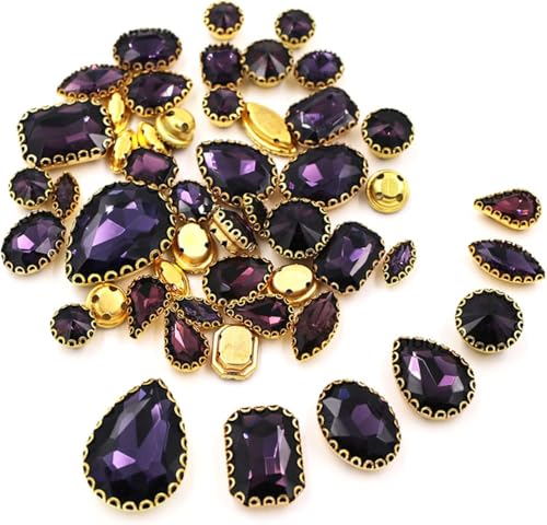 Hotfix-Strasssteine, zum Aufnähen, 50 Stück/Beutel, gemischte Form, Kristallsteine, Nähen, goldfarbene Spitze, Krallenfassung, Glas, Strass, DIY, Schuhe, Kleidung, Zubehör (Dunkelviolett) von IGGLL