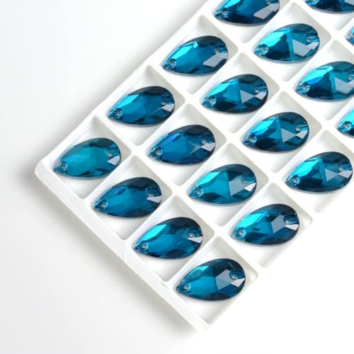 Hotfix-Strasssteine, zum Aufnähen, Wassertropfen, flache Rückseite, 2 Löcher, Glaskristall für selbstgemachte Hochzeitskleider, Blau, 16 x 25 mm, 15 Stück von IGGLL