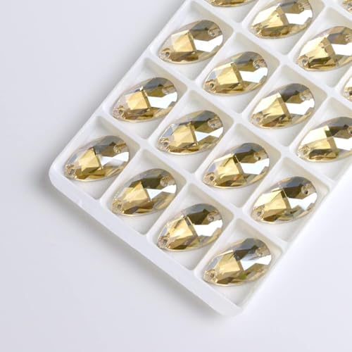 Hotfix-Strasssteine, zum Aufnähen, Wassertropfen, flache Rückseite, 2 Löcher, Glaskristall für selbstgemachte Hochzeitskleider, Gold, 13 x 22 mm, 20 Stück von IGGLL