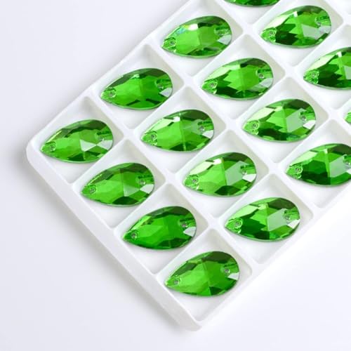 Hotfix-Strasssteine, zum Aufnähen, Wassertropfen, flache Rückseite, 2 Löcher, Glaskristall für selbstgemachte Hochzeitskleider, Grün, 17 x 28 mm, 12 Stück von IGGLL