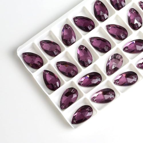 Hotfix-Strasssteine, zum Aufnähen, Wassertropfen, flache Rückseite, 2 Löcher, Glaskristall für selbstgemachte Hochzeitskleider, Lila, 11 x 18 mm, 28 Stück von IGGLL