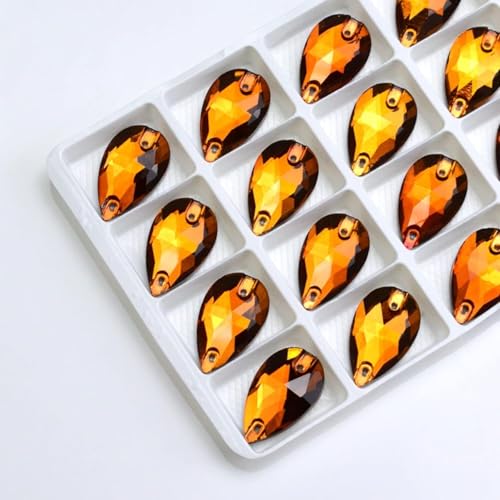 Hotfix-Strasssteine, zum Aufnähen, Wassertropfen, flache Rückseite, 2 Löcher, Glaskristall für selbstgemachte Hochzeitskleider, Orange, 17 x 28 mm, 12 Stück von IGGLL