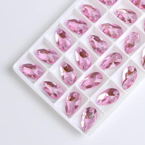Hotfix-Strasssteine, zum Aufnähen, Wassertropfen, flache Rückseite, 2 Löcher, Glaskristall für selbstgemachte Hochzeitskleider, Rosa, 13 x 22 mm, 20 Stück von IGGLL