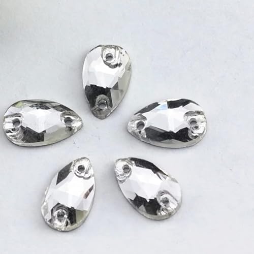 Hotfix-Strasssteine, zum Aufnähen, Wassertropfen, flache Rückseite, 2 Löcher, Glaskristall für selbstgemachte Hochzeitskleider, Weiß, 11 x 18 mm, 28 Stück von IGGLL