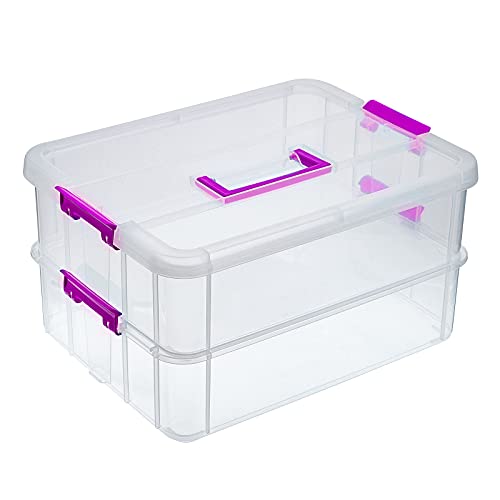 IGNPION 2-Tier stapelbare Handwerk Aufbewahrungsbox Kunststoff verstellbare Aufbewahrungsbehälter mit Tragegriff Transparente Container Veranstalter für Kunst & Handwerk Spielzeug, Nähen Zubehör, lila von IGNPION
