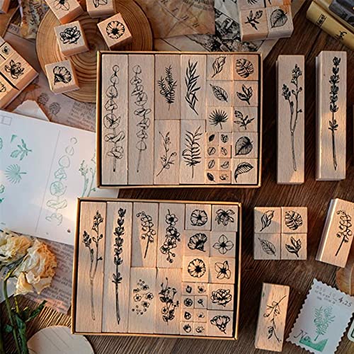 22 Stück Holzstempel Set, Blumen Holz Stempel, Alphabet Stempel mit Stempelkissen, Motivstempel Holz Stempel Blüten, Gummi Holz Vintage Stempel für Scrapbooking, Kinder DIY Karten Machen (A) von IGTOPS