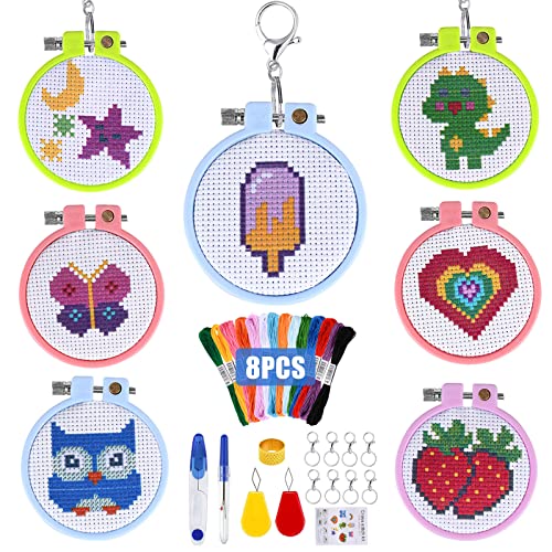 IGUGI Anfänger Stickerei Set für Kinder,Kreuzstich Set für Kinder 7-13 inklusive Anleitung, 8 Mustern, 8 Kunststoffleinwänden,für Rucksack-Anhänger, Nadelbasteln und Ornamente von IGUGI