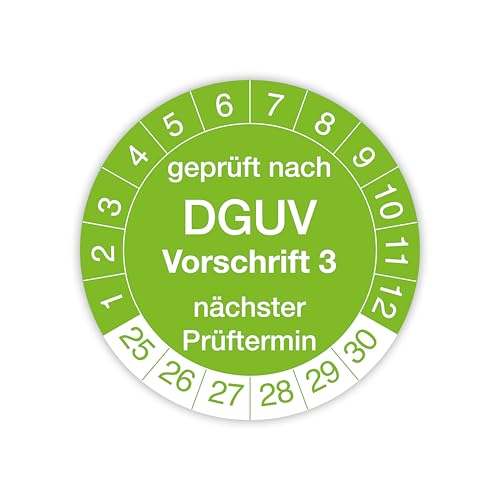 Prüfplakette „Geprüft nach DGUV Vorschrift 3“ – 140 Stück – Selbstklebende, UV-beständige und wetterfeste Prüfetiketten für Betriebsmittelprüfungen, Inspektionen, Leitern und Tritte (Ø 20 mm, Grün) von IH Engineering BV