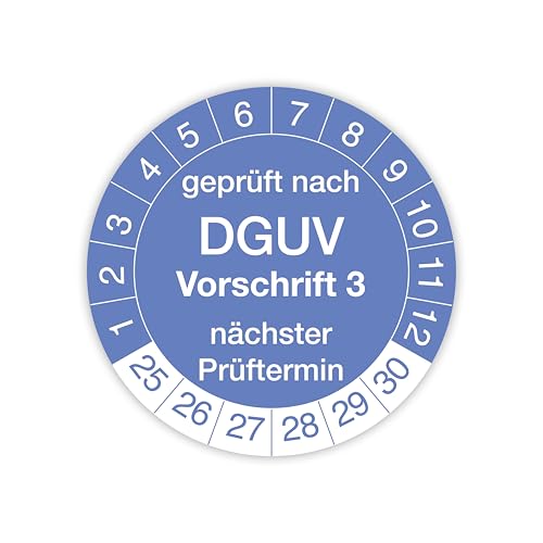 Prüfplakette „Geprüft nach DGUV Vorschrift 3“ – 260 Stück – Selbstklebende, UV-beständige und wetterfeste Prüfetiketten für Betriebsmittelprüfungen, Inspektionen, Leitern und Tritte (Ø 20 mm, Blau) von IH Engineering BV