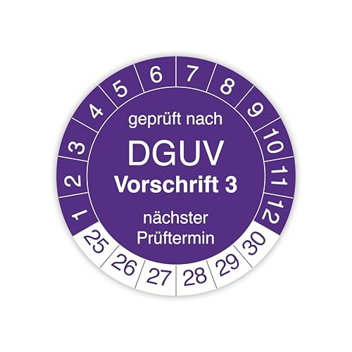 Prüfplakette „Geprüft nach DGUV Vorschrift 3“ – 560 Stück – Selbstklebende, UV-beständige und wetterfeste Prüfetiketten für Betriebsmittelprüfungen, Inspektionen, Leitern und Tritte (Ø 20 mm, Lila) von IH Engineering BV