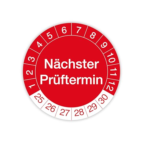 Prüfplakette „Nächster Prüftermin“ – 140 Stück – Selbstklebende, UV-beständige und wetterfeste Prüfetiketten für Betriebsmittelprüfungen, Inspektionen, Leitern und Tritte (Ø 20 mm, Rot) von IH Engineering BV