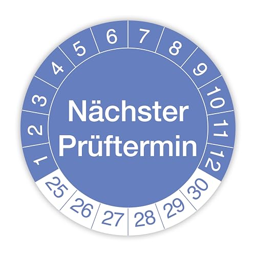 Prüfplakette „Nächster Prüftermin“ – 140 Stück – Selbstklebende, UV-beständige und wetterfeste Prüfetiketten für Betriebsmittelprüfungen, Inspektionen, Leitern und Tritte (Ø 30 mm, Blau) von IH Engineering BV