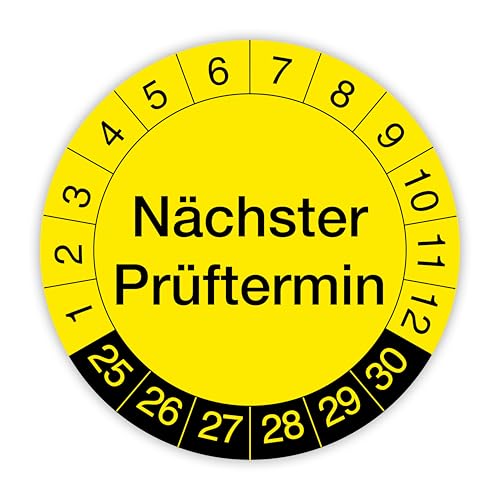 Prüfplakette „Nächster Prüftermin“ – 140 Stück – Selbstklebende, UV-beständige und wetterfeste Prüfetiketten für Betriebsmittelprüfungen, Inspektionen, Leitern und Tritte (Ø 30 mm, Gelb) von IH Engineering BV
