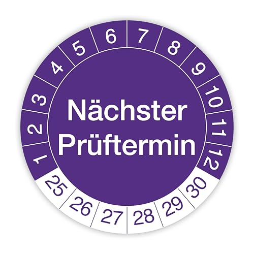 Prüfplakette „Nächster Prüftermin“ – 140 Stück – Selbstklebende, UV-beständige und wetterfeste Prüfetiketten für Betriebsmittelprüfungen, Inspektionen, Leitern und Tritte (Ø 30 mm, Lila) von IH Engineering BV