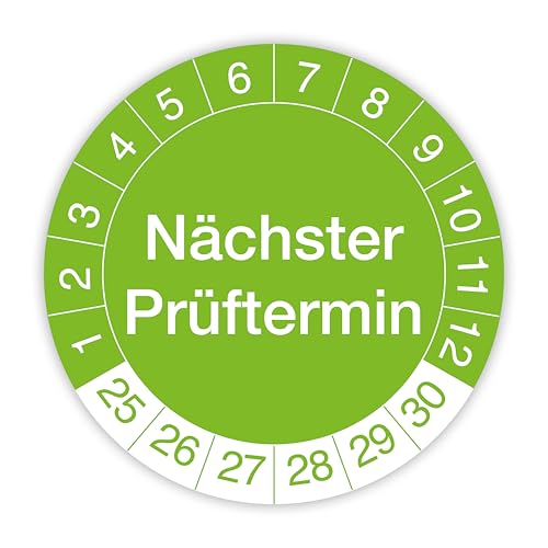 Prüfplakette „Nächster Prüftermin“ – 260 Stück – Selbstklebende, UV-beständige und wetterfeste Prüfetiketten für Betriebsmittelprüfungen, Inspektionen, Leitern und Tritte (Ø 30 mm, Grün) von IH Engineering BV