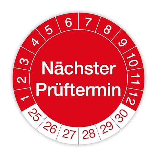 Prüfplakette „Nächster Prüftermin“ – 260 Stück – Selbstklebende, UV-beständige und wetterfeste Prüfetiketten für Betriebsmittelprüfungen, Inspektionen, Leitern und Tritte (Ø 30 mm, Rot) von IH Engineering BV