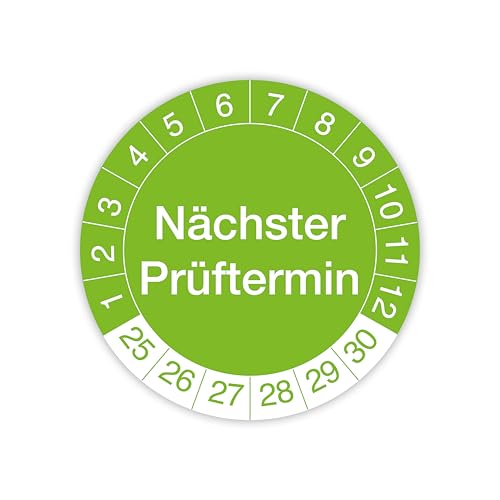 Prüfplakette „Nächster Prüftermin“ – 560 Stück – Selbstklebende, UV-beständige und wetterfeste Prüfetiketten für Betriebsmittelprüfungen, Inspektionen, Leitern und Tritte (Ø 20 mm, Grün) von IH Engineering BV