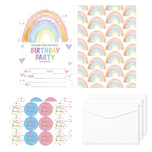 IHCEMIH 24 Stück Party-Einladungen für Kinder, Geburtstagseinladungen für Mädchen, Regenbogen-Party-Einladungskarten mit 24 passenden Umschlägen, Aufklebern für Kinder und Mädchen IHCEMIH 24 Stück Party-Einladungen für Kinder, Geburtstagseinladungen für Mädchen, Regenbogen-Party-Einladungskarten mit 24 passenden Umschlägen, Aufklebern für Kinder und Mädchen von IHCEMIH