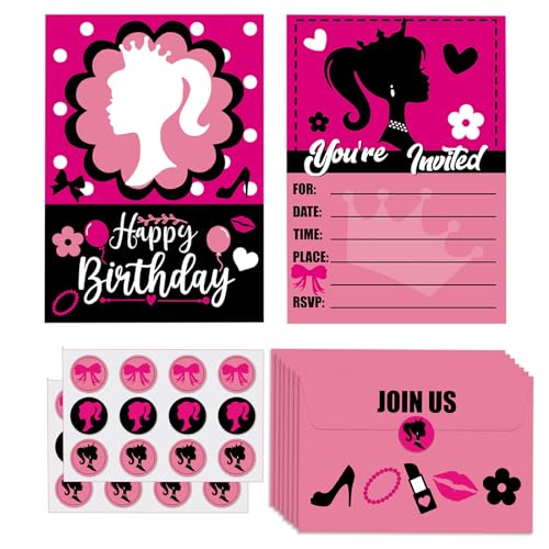 IHCEMIH 24 Stück Party-Einladungen für Kinder, Geburtstagseinladungen für Mädchen, Rosa, Prinzessinnen-Party-Einladungskarten mit 24 passenden Umschlägen, Aufklebern für Kinder und Mädchen von IHCEMIH