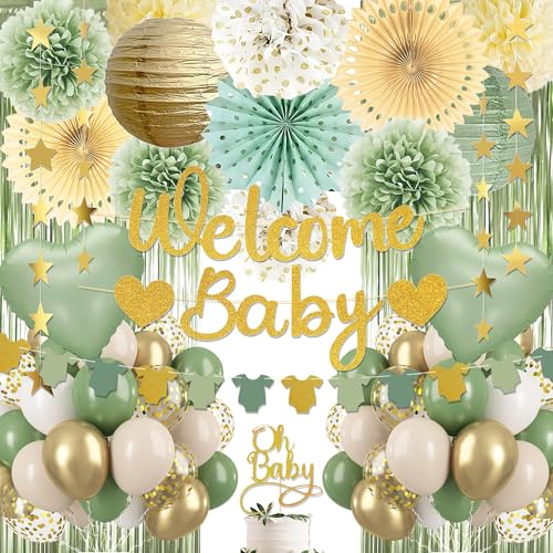Salbeigrün Babyparty-Dekorationen - Geschlechtsneutrale Babyparty-Dekor-Set mit Willkommens-Banner, Seiden-Poms, Papierlaternen, Blumenfächern, Luftballons, "Oh Baby" Tortenaufsatz & Sterngirlande Salbeigrün Babyparty-Dekorationen - Geschlechtsneutrale Babyparty-Dekor-Set mit Willkommens-Banner, Seiden-Poms, Papierlaternen, Blumenfächern, Luftballons, "Oh Baby" Tortenaufsatz & Sterngirlande von IHEPYQ