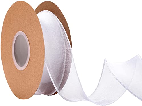 IHKFILAN 38 mm Drahtband zum Verpacken von Geschenken, Organzaband für Hochzeit, Geburtstag, Valentinstag, Weihnachtsdekoration, Chiffon-Bastelband für Haarsträuße (Weiß, 10 Yards) von IHKFILAN