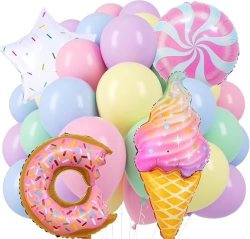 14 Stück Eiscreme Luftballon Geburtstags, Rosa Lila Blau Grün Gelb Macaron Latex Ballons, Helium Ballon, Candy Ice Cream Donut Folienballon für Jungen Mädchen Geburtstag Party Dekoration (A) von IHLOOTD