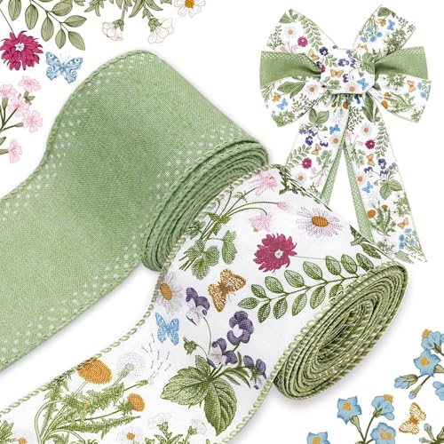 2 Rollen Grüne Blumenband mit Drahtrand, Retro Wildblumen Stoffband Frühlings Deko- für DIY Verpacken von Geschenken Kränzen Schleifen Hochzeiten Geburtstagsfeiern, 4.5 M, Craft Ribbon (Grüne) von IHLOOTD
