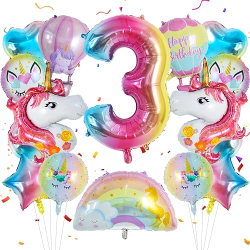 Einhorn Luftballons, Luftballon 3 Jahre 16 Stück Folienballon Einhorn Ballon Set Regenbogen Stern Herz Ballons für Mädchen 3. Geburtstag, Babypartys, Thema Party Dekorieren von IHLOOTD