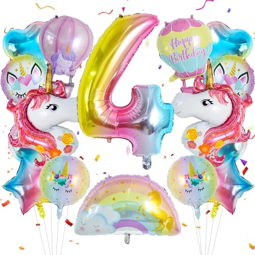 Einhorn Luftballons, Luftballon 4 Jahre 16 Stück Folienballon Einhorn Ballon Set Regenbogen Stern Herz Ballons für Mädchen 4. Geburtstag, Babypartys, Thema Party Dekorieren von IHLOOTD