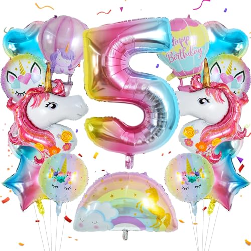 Einhorn Luftballons, Luftballon 5 Jahre 16 Stück Folienballon Einhorn Ballon Set Regenbogen Stern Herz Ballons für Mädchen 5. Geburtstag, Babypartys, Thema Party Dekorieren von IHLOOTD