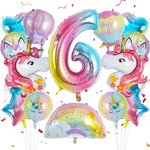 Einhorn Luftballons, Luftballon 6 Jahre 16 Stück Folienballon Einhorn Ballon Set Regenbogen Stern Herz Ballons für Mädchen 6. Geburtstag, Babypartys, Thema Party Dekorieren von IHLOOTD