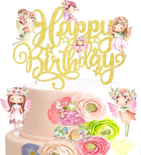 Fee Tortendeko Glänzend Feen Tortendeko Fairy Kuchen Topper Happy Birthday Kuchen Deko für Mädchen Kinder Geburtstag Taufe Feenparty (Gold-4 Stück) von IHLOOTD
