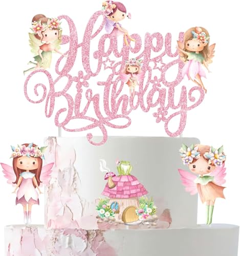 Tortendeko Fee Happy Birthday Cake Topper Feen Glänzend Elfe Muffin Deko Elfen Kuchen Deko Geburtstag für Mädchen Frau Geburtstagsfeiern, Märchenfeenparty von IHLOOTD