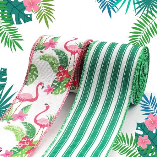 Flamingo Band mit Drahtkante, 2 Rollen Grün Bänder Frühling Sommer Stoffband Basteln Dekoratives Schleifenband für Handwerk DIY Geschenkverpackung Tropische Themen Party Dekoration (Flamingo) von IHLOOTD