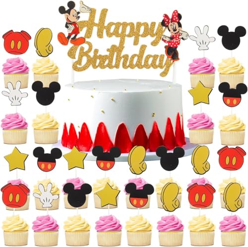 Mouse Tortendeko 25 Stück Maus Glitter Happy Birthday Kuchendeko Mäuse Theme Cake Topper Mit Schleife Cartoon Muffin Deko für Kindergeburtstag, Themenparty, Jubiläum (Gold) von IHLOOTD