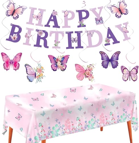 Schmetterling Geburtstag Deko Lila Schmetterlinge Geburtstagsgirlande Schmetterling Wirbel Streamer Hängende Schmetterlinge Geburtstagstischdecke für Frauen Mädchen Geburtstag Party Dekoration von IHLOOTD