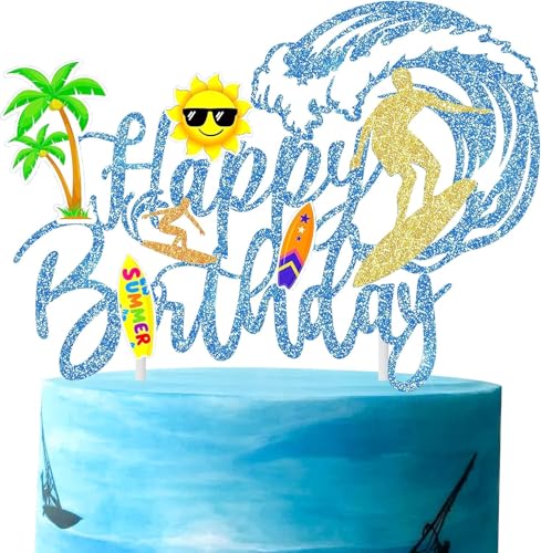 Sommer Pool Party Geburtstags Tortendeko, Glitzernde Happy Birthday Cake Topper, Hawaiisch Strand Kuchen Topper, Sommer Pool Party Kuchen Dekoration für Sommer Geburtstagsfeiern und Poolpartys (E) von IHLOOTD