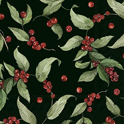 IHR Ideal Home Range - Papierservietten Weihnachten LEANDER dark green rote Beeren Laub Blätter winterlich Winterdeko 20 St. Lunch-Servietten 33 cm x 33 cm von IHR Ideal Home Range