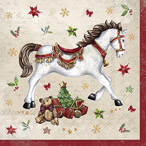 IHR Ideal Home Range - Servietten Weihnachten FESTIVE HORSE cream festliches Pferd Reiter Sattel Sterne Blüten 20 St. Lunch-Servietten 33 cm x 33 cm von IHR Ideal Home Range