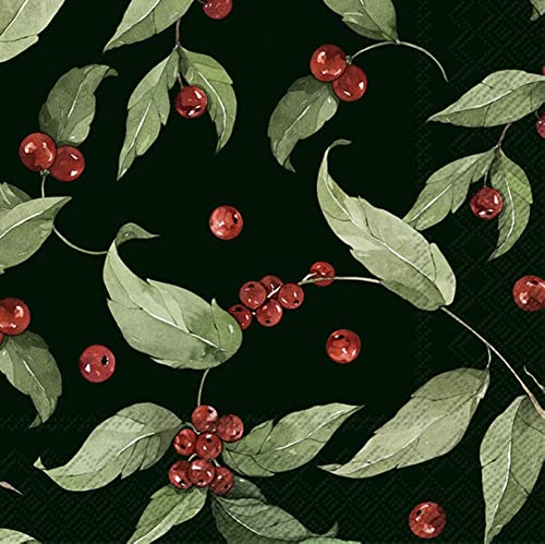 IHR Ideal Home Range - Weihnachtservietten LEANDER dark green Winterbeeren Blätter Laub Immergrün 20 St. Cocktail-Servietten 25 cm x 25 cm von IHR Ideal Home Range