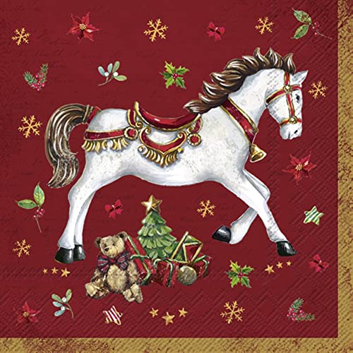 IHR Ideal Home Range - Weihnachtsservietten FESTIVE HORSE festlich Sterne Pferd Sattel Tannenbaum Blätter Blüten winterlich red 20 St. Cocktail-Servietten 25 cm x 25 cm von IHR Ideal Home Range