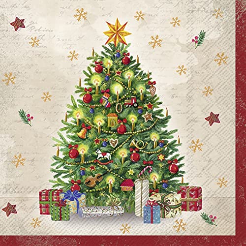 IHR Ideal Home Range - Weihnachtsservietten FESTIVE TREE Weihnachten festlich Tannenbaum Christbaum Geschenke Sterne Schneeflocken cream 20 St. Cocktail-Servietten 25 cm x 25 cm von IHR Ideal Home Range
