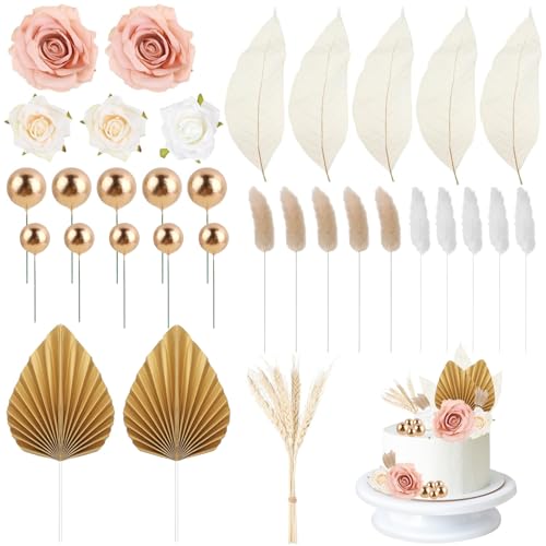 IIRC 37 STK Boho Tortendeko, Tortendeko Hochzeit mit Künstliche Rosenblüten, Palmenblätter, Magnolienblätter, Schweif Gras, Gerste, Getrocknete Blumenstrauß Bälle, Für Geburtstag, Hochzeit etc von IIRC