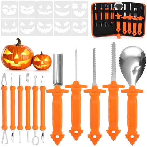 IIRC Halloween Kürbis Schnitzset, 11 STK Kürbisschnitzset mit Tragetasche und 10 PVC Schnitzvorlagen, Halloween Schnitzset für Kinder und Familie von IIRC