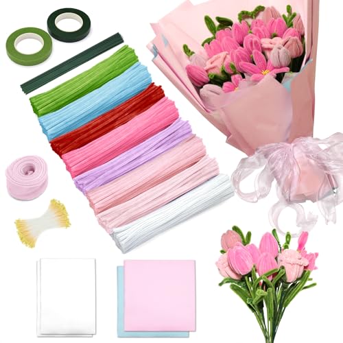IJIAMY 500 Stück Pfeifenreiniger Blumen Set, Pfeifenputzer Blumen Zum Basteln, Mit Grüne Blumenstöcke, Klebebandrollen, Klebestifte, Anleitungen, Blumenstraußverpackungen, Bänder von IJIAMY