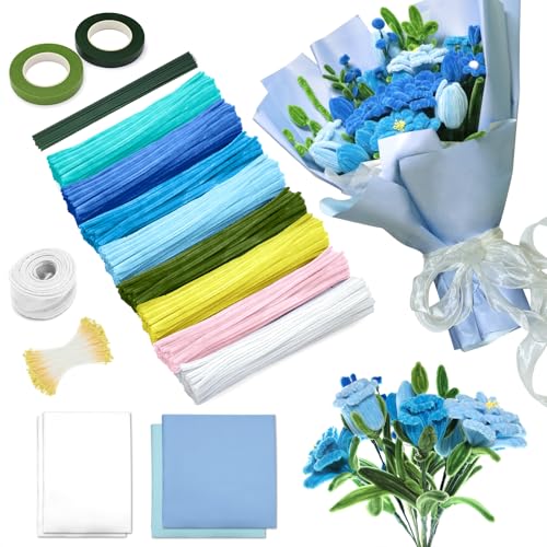 IJIAMY 500 Stück Pfeifenreiniger Blumen Set, Pfeifenputzer Blumen Zum Basteln, Mit Grüne Blumenstöcke, Klebebandrollen, Klebestifte, Anleitungen, Blumenstraußverpackungen, Bänder von IJIAMY