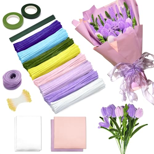 IJIAMY 500 Stück Pfeifenreiniger Blumen Set, Pfeifenputzer Blumen Zum Basteln, Mit Grüne Blumenstöcke, Klebebandrollen, Klebestifte, Anleitungen, Blumenstraußverpackungen, Bänder von IJIAMY