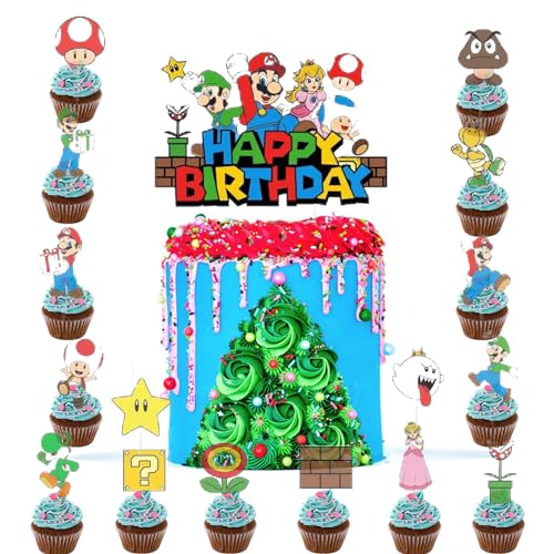 17 Stück Super Mario Geburtstag Tortendeko, Cartoons Kuchen Topper Spielzeug, Super Mario Kuchen Dekoration, Mario Cupcake Toppers Dekoration für Mädchen Junge von IKACEUO