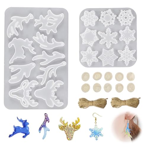 IKOPFLN 2 Set Silikon Gießformen für Harz - Weihnachten Schneeflocken und Rentier Geweih Resin Formen - Epoxidharz Silikonformen für DIY Weihnachtsschmuck und Ornamente - Basteln Weihnachtsdekoration von IKOPFLN