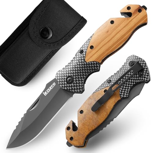 IKORES Klappmesser (Zweihandmesser),Taschenmesser mit Holzgriff und Nylonscheide,Edc Messer mit Taschenclip,für Camping, Wandern von IKORES